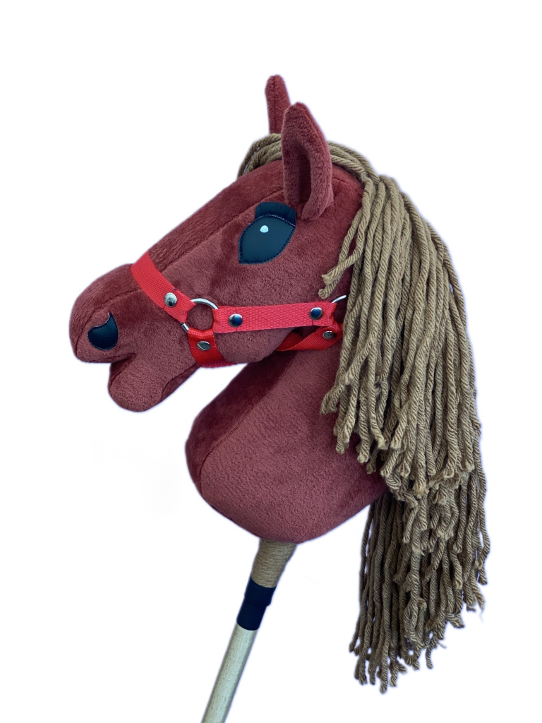 Koń Hobby Horse A3 bordo, grzywa brązowa, kantar czerwony – DEMOS